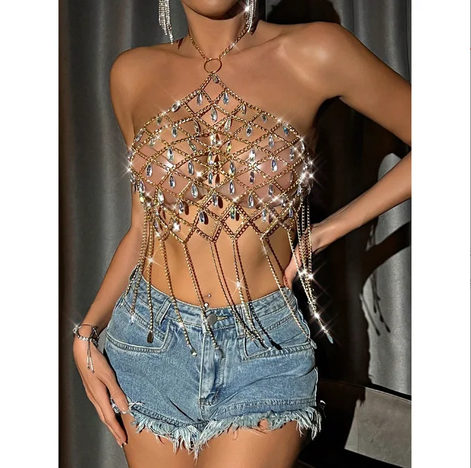 Hot Selling New Metal Chain Tassel Contrasting Gemstone Backless Navel Sexy Hanging Neck Top Vest Nightclub Sexy Top