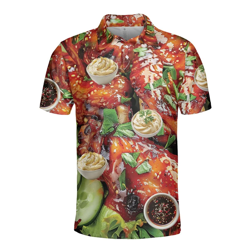 Delicious Food Graphic Short Sleeve Polo Shirts For Men Clothes Chicken Steak Ham Fries 3D Printed Button POLO Shirt Women Tops