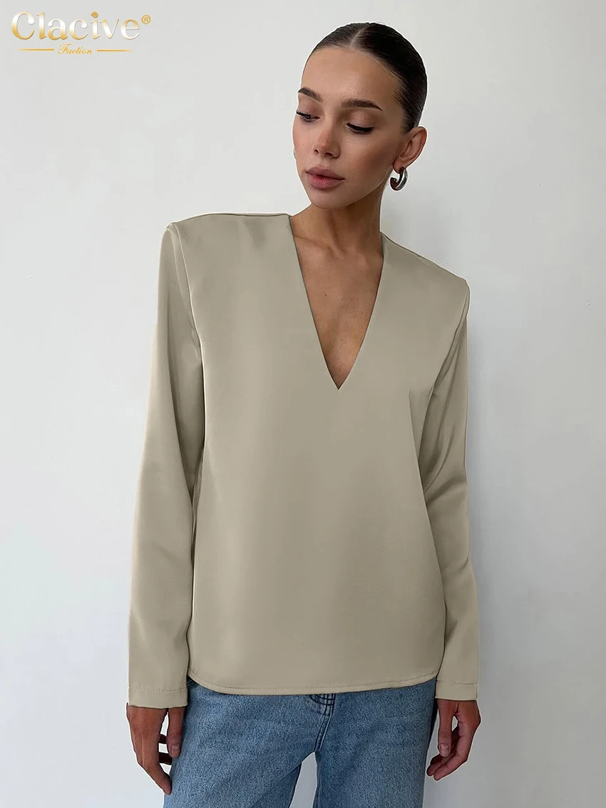

Clacive Fashion Loose Khaki Satin Women's Shirt 2025 Sexy V-Neck Long Sleeve Shirts Elegant Chic Solid Tops Female Clothing