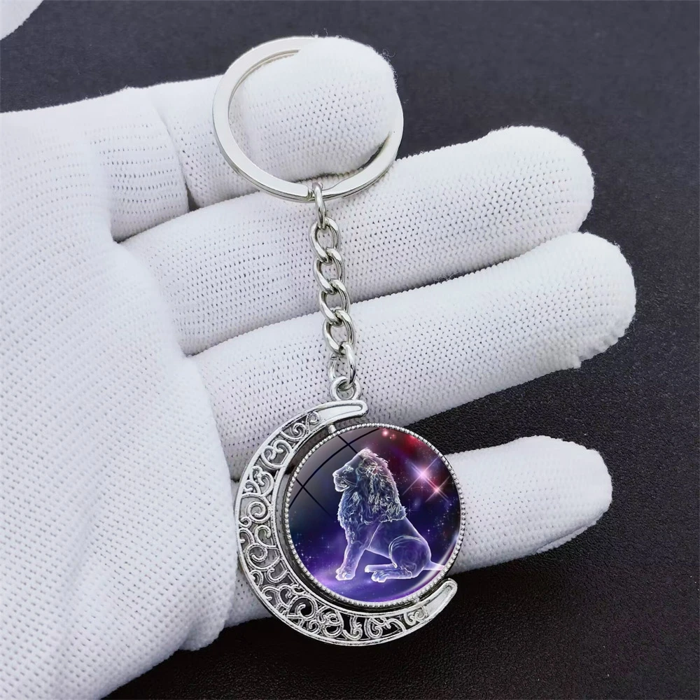 New 12 Constellation Glass Ball Key Rings Double Sided Rotatable Pendant Zodiac Signs Keychain For Women Fashion Birthday Gift