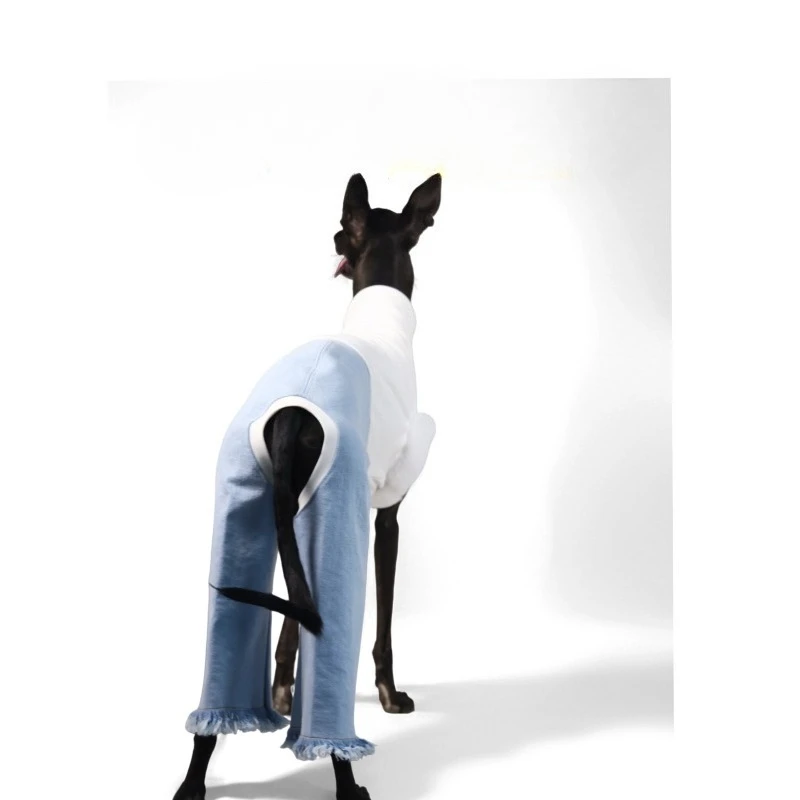 Autumn Winter White Turtleneck Suede Vest Splicing Blue  Jeans Trendy Fashion Onesie Pet Dog Clothing Whippet Italian Greyhound view 5