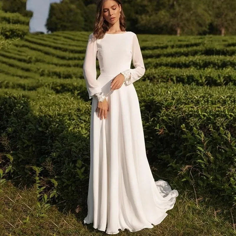 Boho elegancka suknia ślubna O-Neck 2023 linia koronkowe aplikacje pełna rękaw Backless Zipper szyfonowa suknia ślubna Robe De Mariée