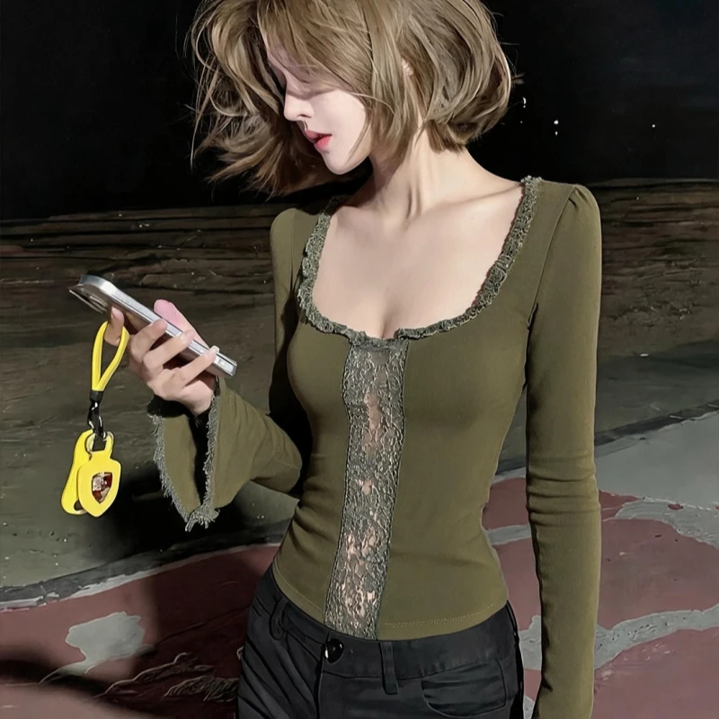 Women Dark Green Vintage Square Neck Long Sleeve T Shirt Lace Flare Sleeve Slim Base Top Autumn Pure Desire Hot Girl Knit Blouse