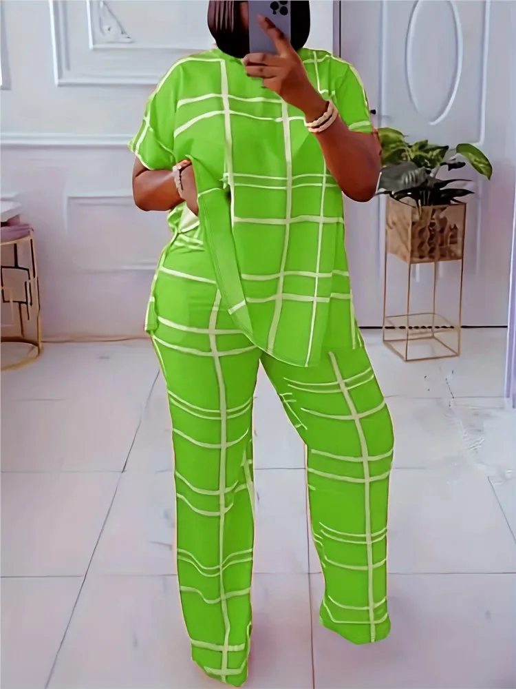 Summer Printed Plaid Short-sleeved T-shirt Women Suit Fashion Slim Package hip straight Pants Elegant Female Office 2 Piece Set