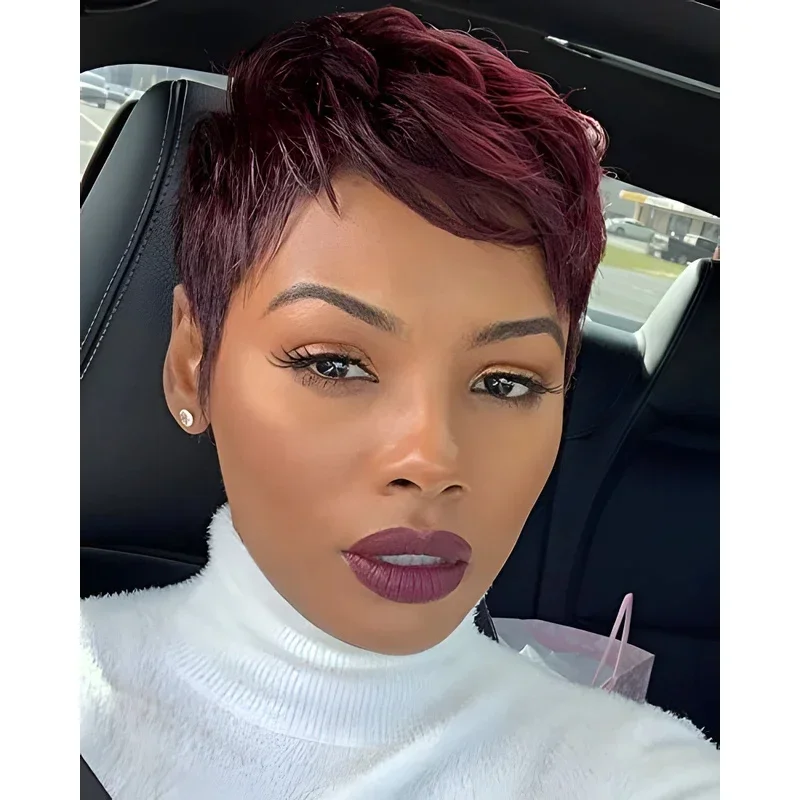 BeiSDWig Synthetic Short Wine Red Hair Wigs Black Wavy Hairstyles Women Pixie Cut Wig For African American MN1