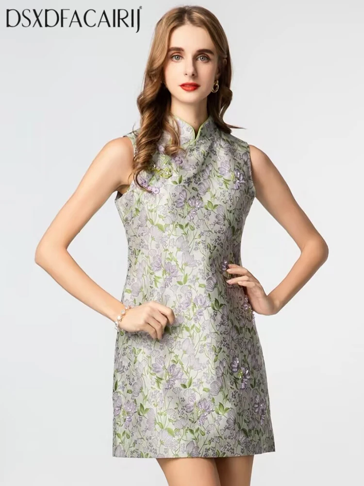 

DSFACAIRIJ Women's Stand Collar Sleeveless Beaded Jacquard Mini Dress Chinese Discoid Button Design Summer Fashion for Females