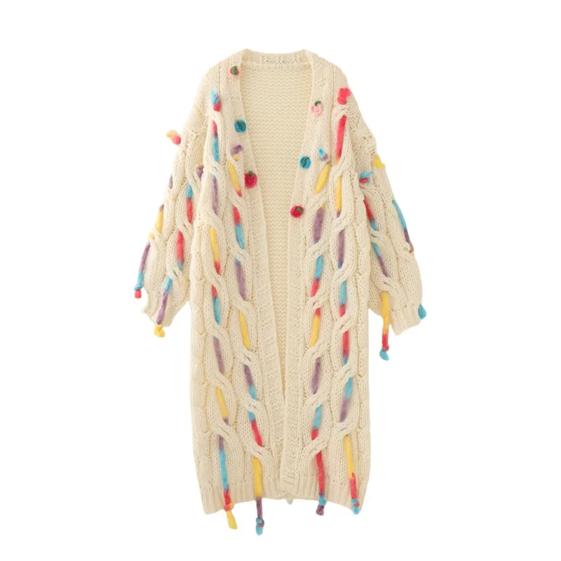 

Fried Dough Twists twisted flower hand woven three-dimensional flower decoration medium length knitting cardigan coat for women