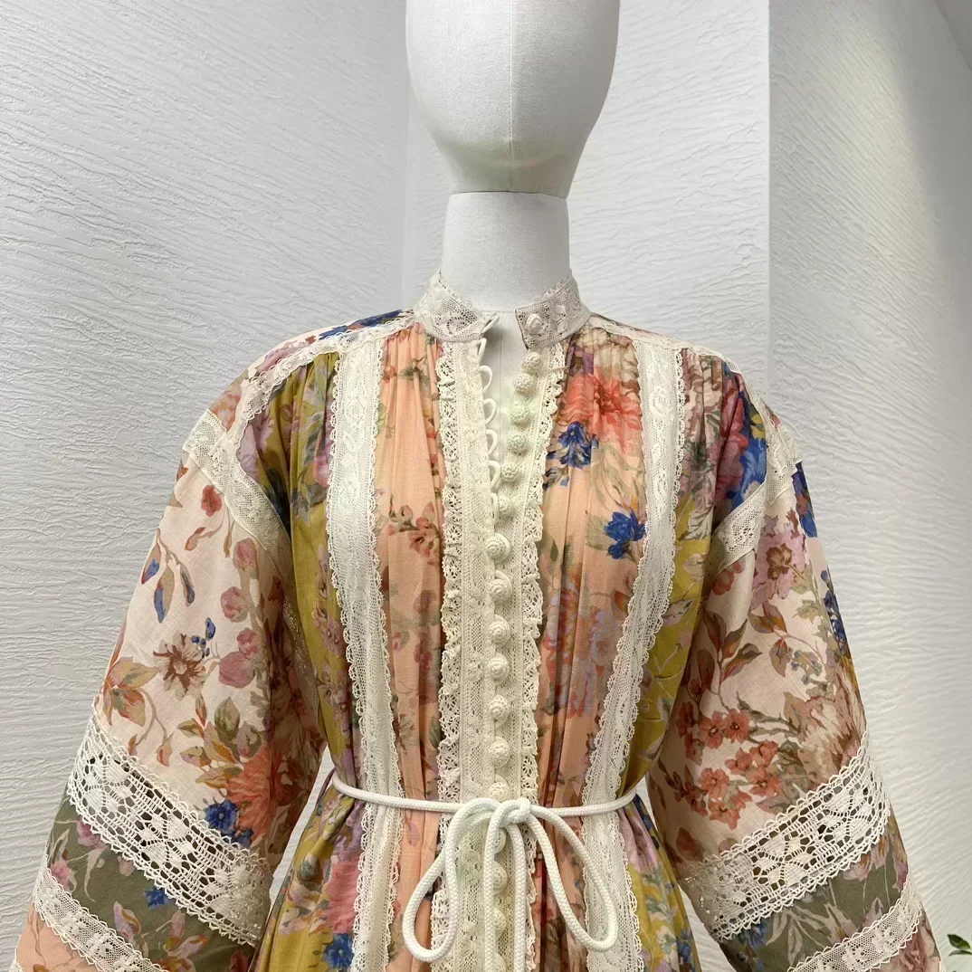 Mini vestido de mujer con volantes y manga larga, camisola Vintage separada con estampado Floral de algodón puro y cinturón de lazo, retazos de encaje