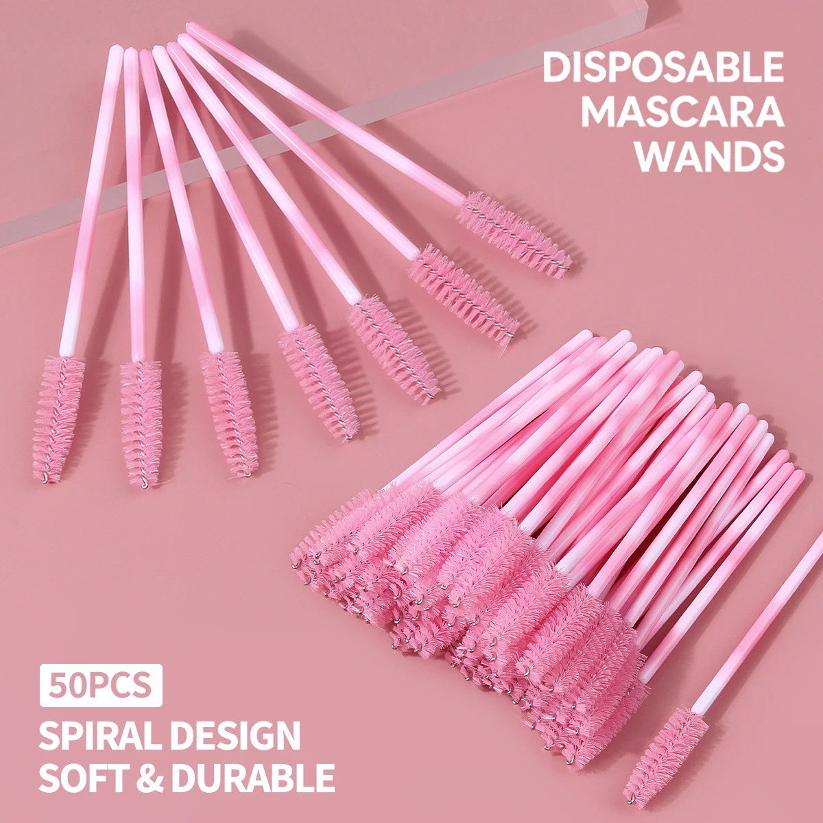 50PCS Disposable Mascara Wands, Pink Spiral Eyelash Brushes with Soft Durable Hair, Bendable Wands for Lash Extension & Eyebrow view 2