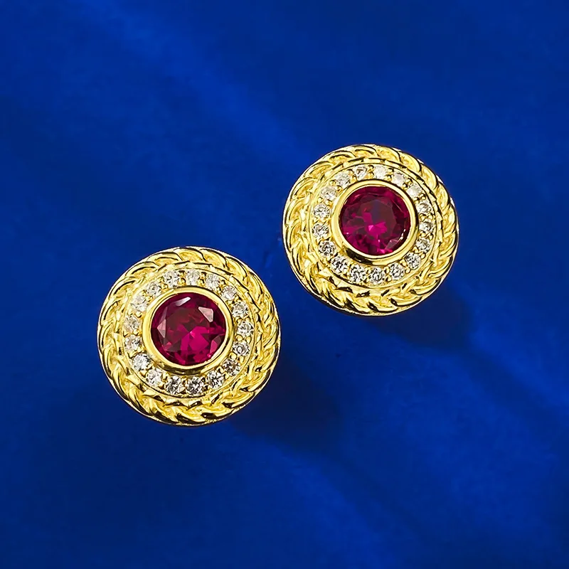 

European and American cross-border new 925 silver diamond ruby earrings for women in the retro and minimalist style