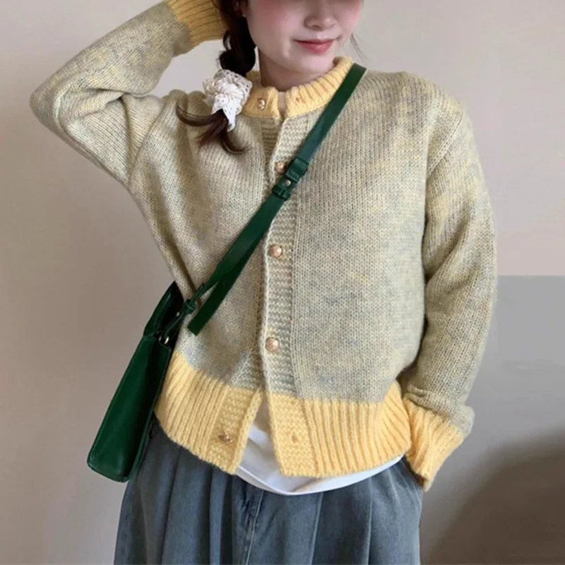 Cárdigan para mujer, suéteres, abrigos, chaquetas de cuello redondo, abrigo de trabajo, jerséis Y2k, ropa de calle elegante de punto abierto, Otoño Invierno