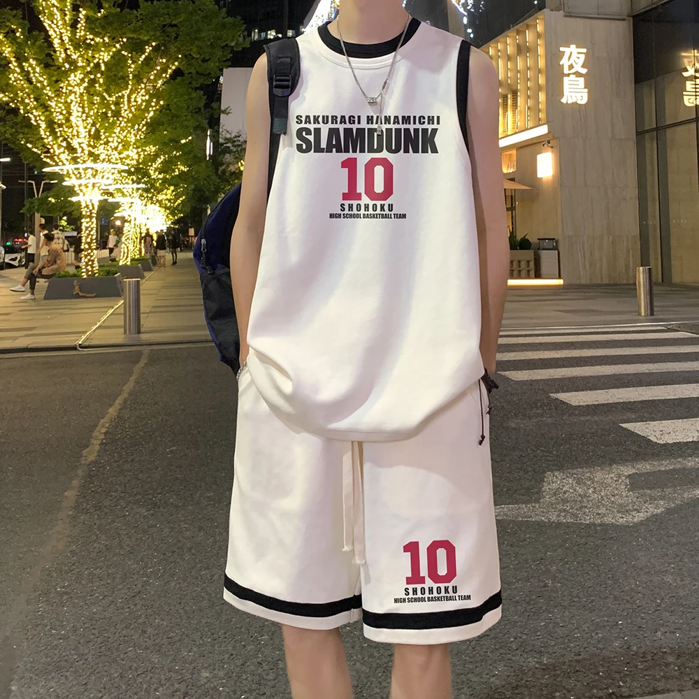 

Летний тонкий свободный комплект из футболки и жилета для мужчин: повседневный спортивный костюм для баскетбола в американском стиле с круглым вырезом и подплечниками