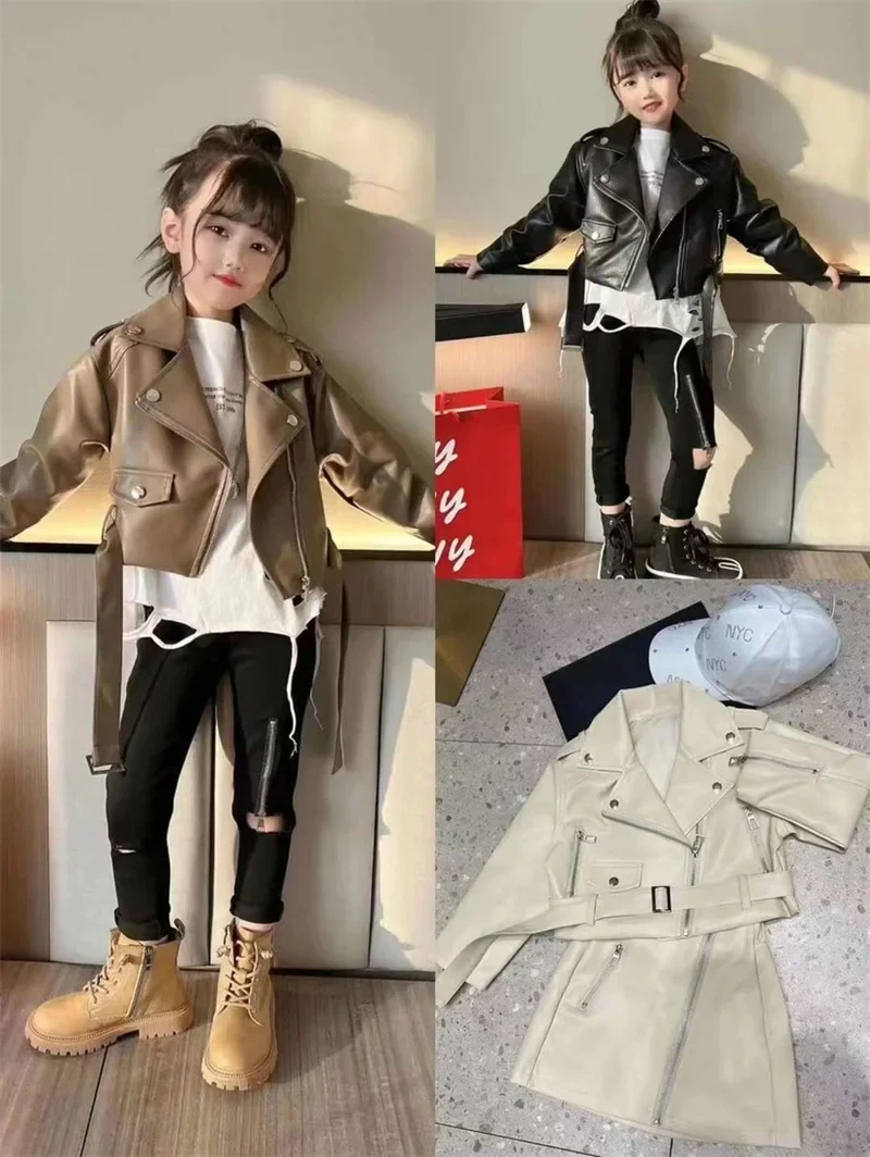 

2024 Autumn Girls Cool Zip Pu Leather Jacket Kids Casual Coat Outerwear