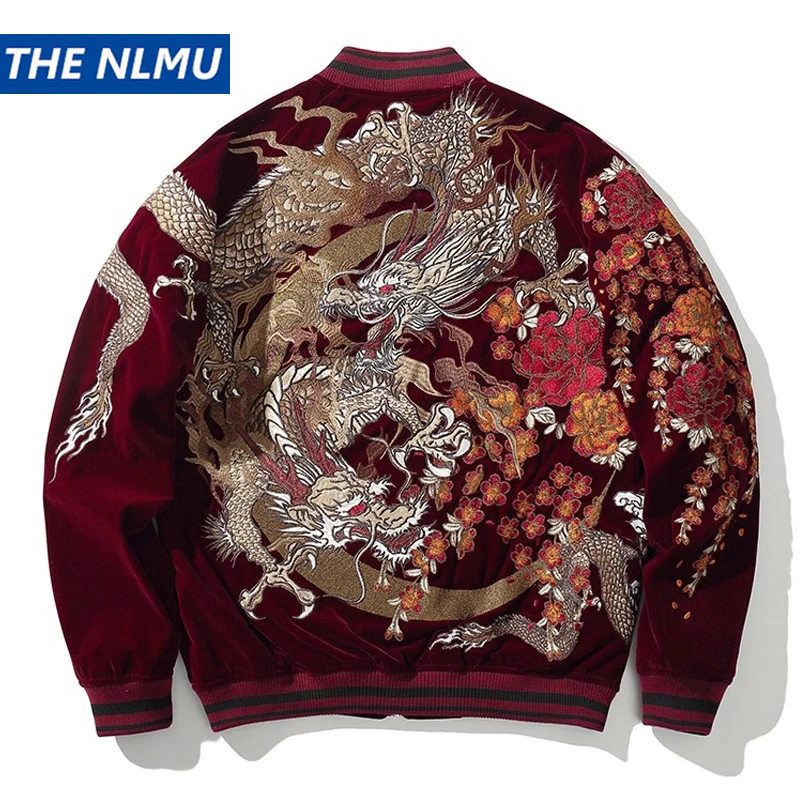 

Vintage Streetwear Japanese Sukajan Souvenir Baseball Jacket 2025 Autumn Flower Chinese Dragon Embroidered Jacket Coat
