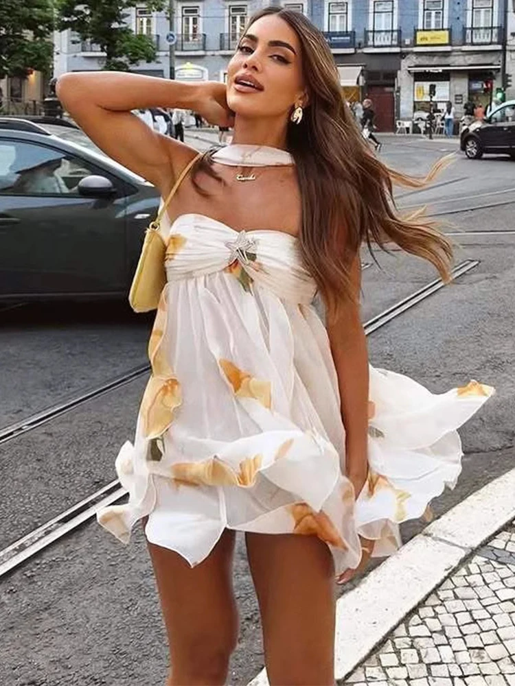 

Trendix See Through Print Mini Dress Women Fashion Mesh Patchwork Ruffle Off Shoulder Dress Beach Party Sexy Backless Dress 2025