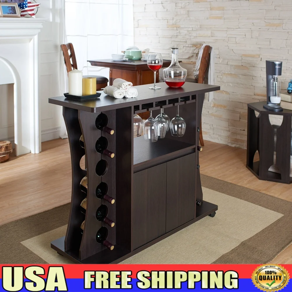 Modern Multi-Storage Buffet Server with Wine Racks Stemware Holder Caster Wheels Contemporary Espresso Finish Ideal Entertaining