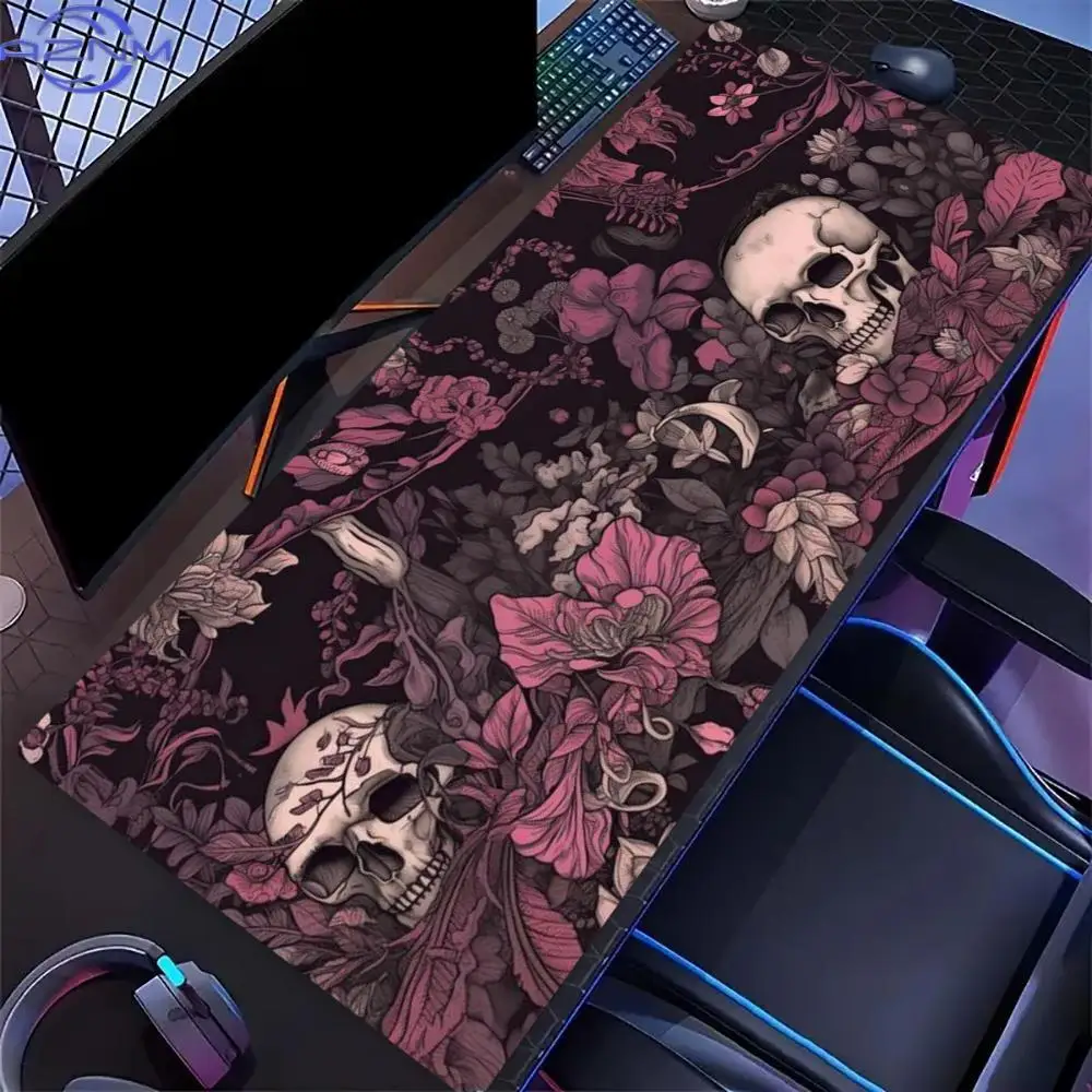 Pink Rose Skull Extended Desk Mat Non Slip Rubber Stitched Edge Gaming Keyboard Table Mat For Laptop Office Computer Setup
