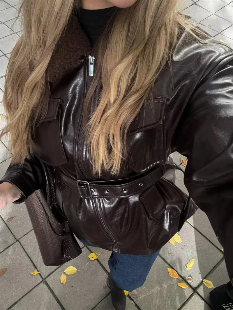 Women's Jacket 2025 Autumn New Style Reddish-Brown Long-Sleeve Jacket with Faux Fur Collar and Leather-Like Effect Casual