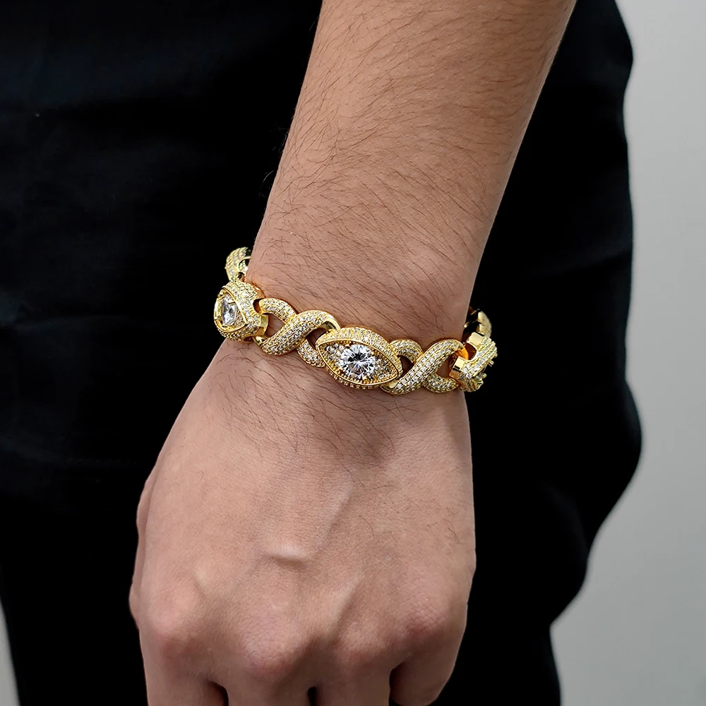 Hip Hop Jewelry 15MM Gold Filled Diamond Infinity Link Bracelet Necklace Set Iced Out CZ Eyes Infinity Cuban Necklace