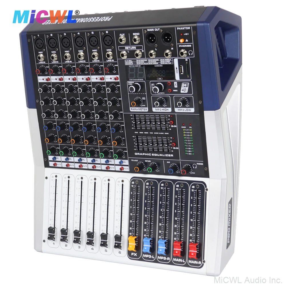 Mezclador de potencia de Audio MiCWL, 6 canales, 1200W, amplificador de 2 salidas, consola mezcladora de sonido para escenario, estudio, canto, actuación de voz, Karaoke