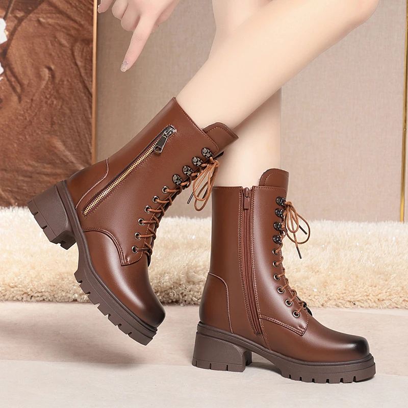 AIYUQI Women Ankle Boots Genuine Leather 2024 New Platform Snow Boots Women Winter Large Size Female Knight Boots