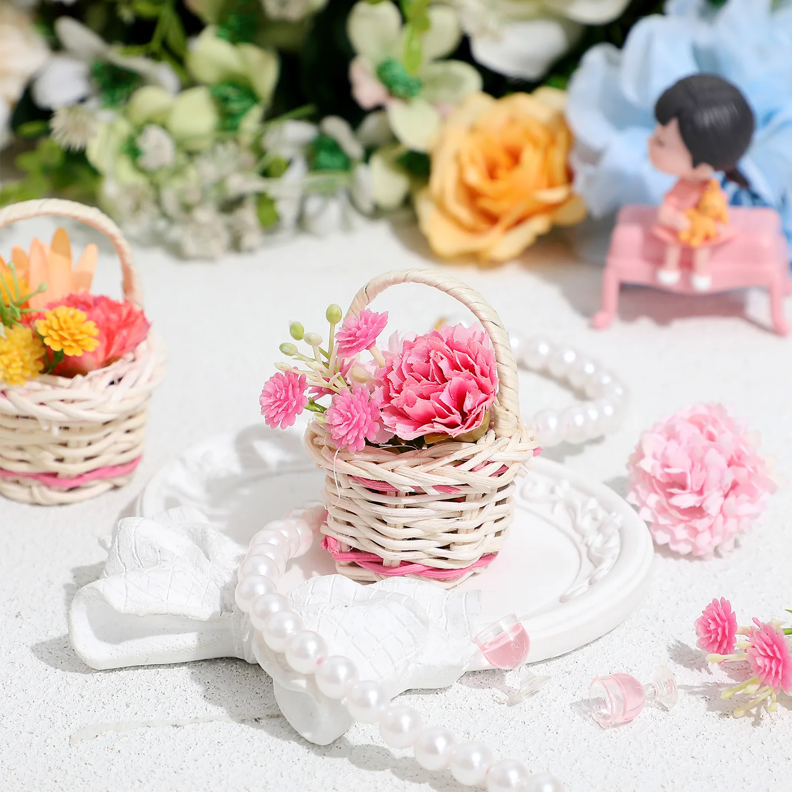 

10PCS Rattan Woven Baskets Mini Handle Small Flower Storage Decorative Home Party Photography Props Natural Style