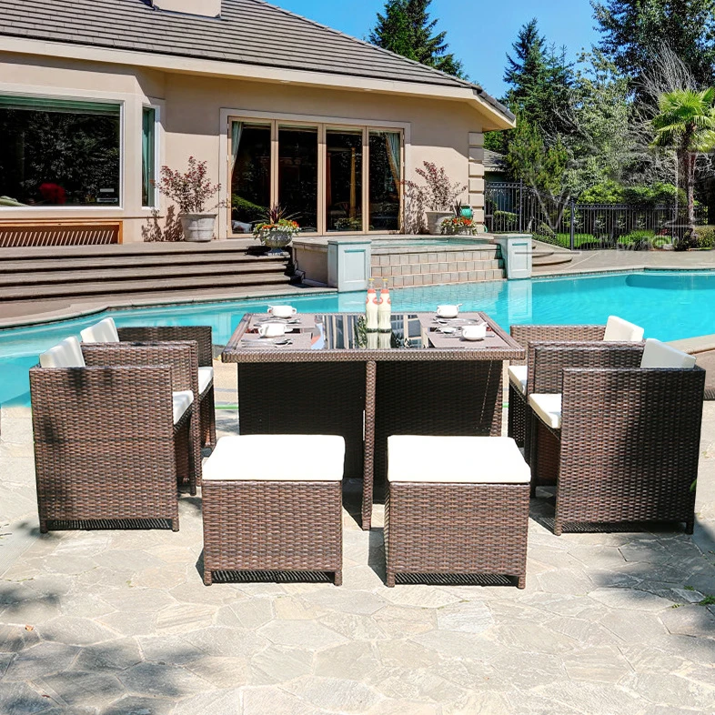 Outdoor Waterproof Rattan Mesa De Jantar, Villa Cadeira, Mesa De Chá, Jardim Lazer Cadeiras, Space Saving