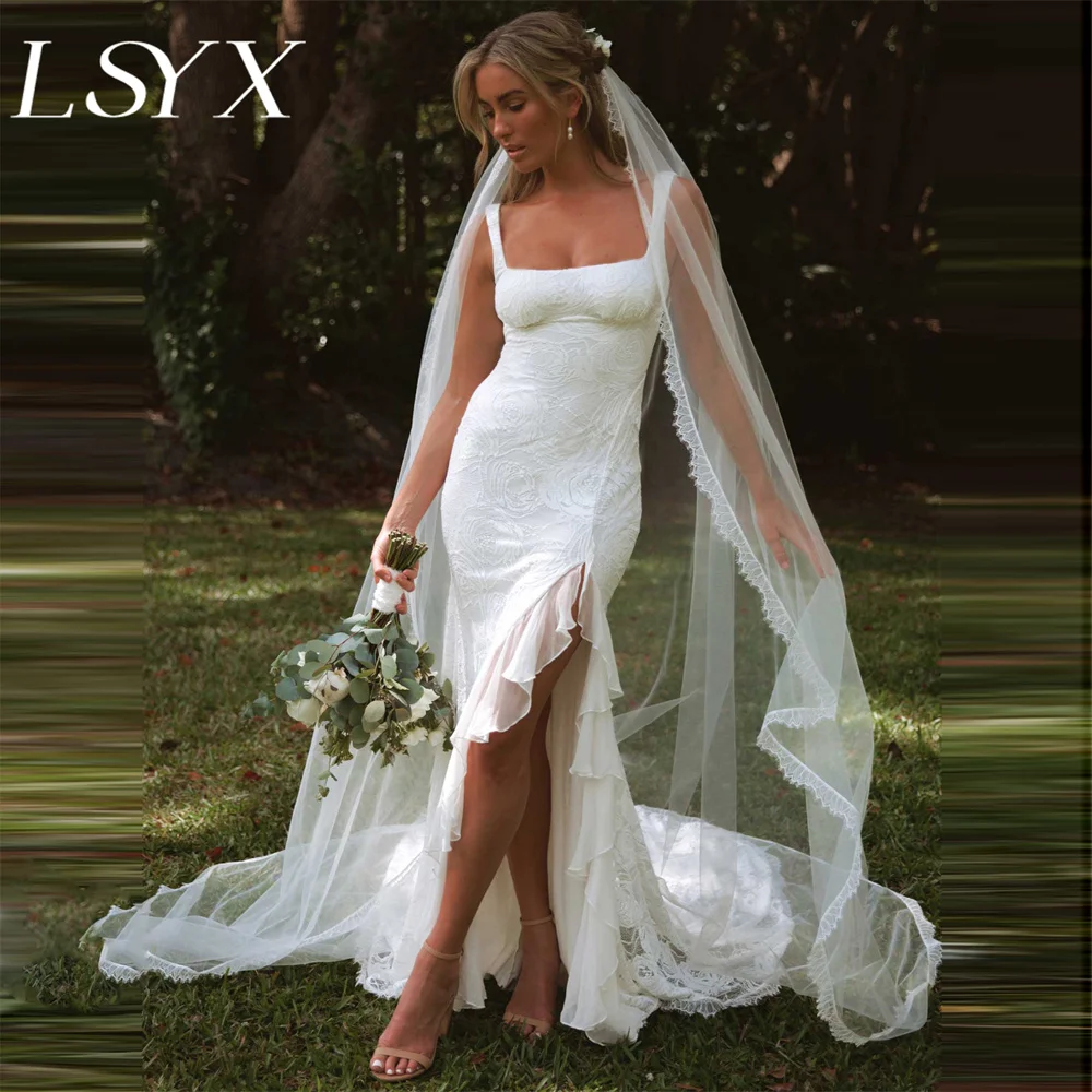 LSYX-vestido de noiva sem mangas Lace Ruched Sereia, vestido de noiva Square-Neck, costas abertas, fenda lateral alta, até o chão, feito sob encomenda