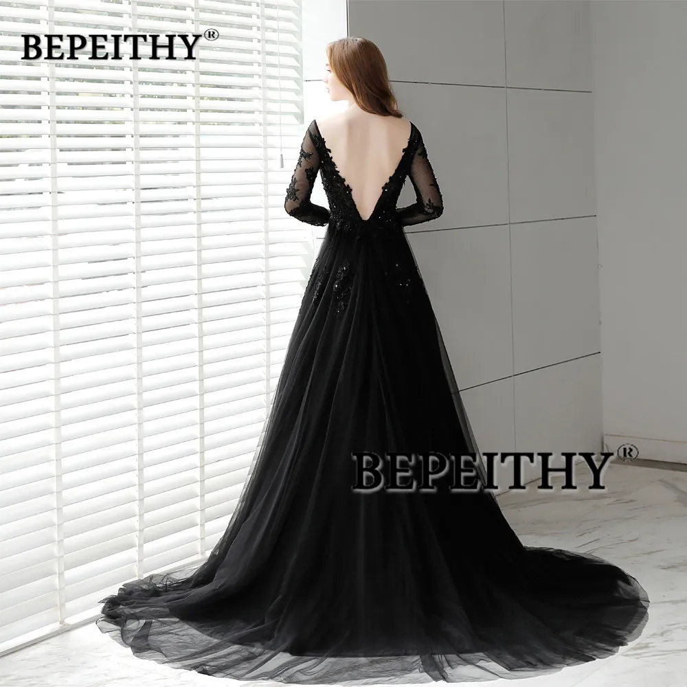 BEPEITHY Customized Charming Black Prom Dress Full Sleeves Sexy Backless Robe De Soirée V-neck Court Train Formal Occasion Dress