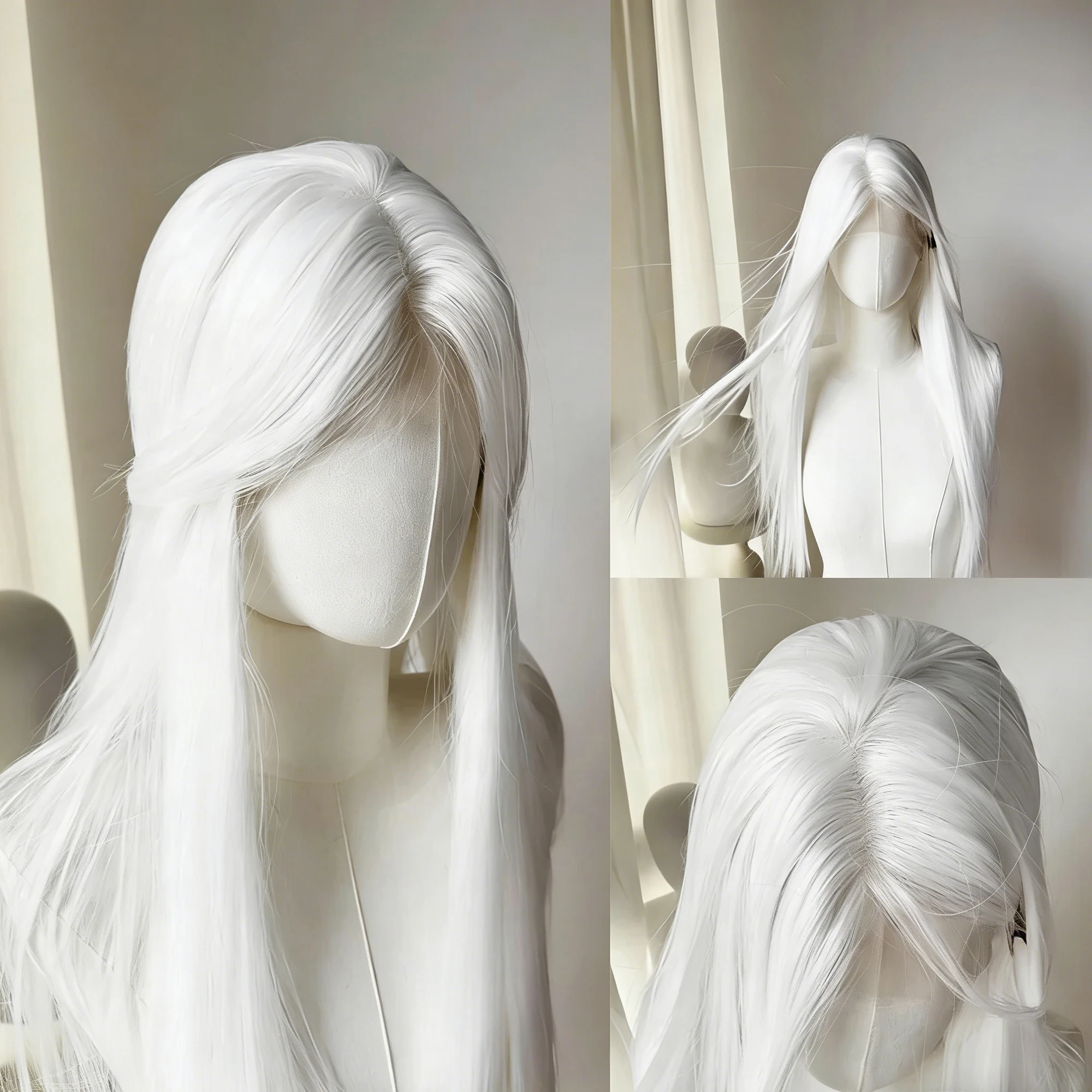 Hellblonde Perücke, 28 Zoll lange, gerade synthetische Perücke aus Hochtemperaturfasern für Cosplay, Moonlight White – Detail 7