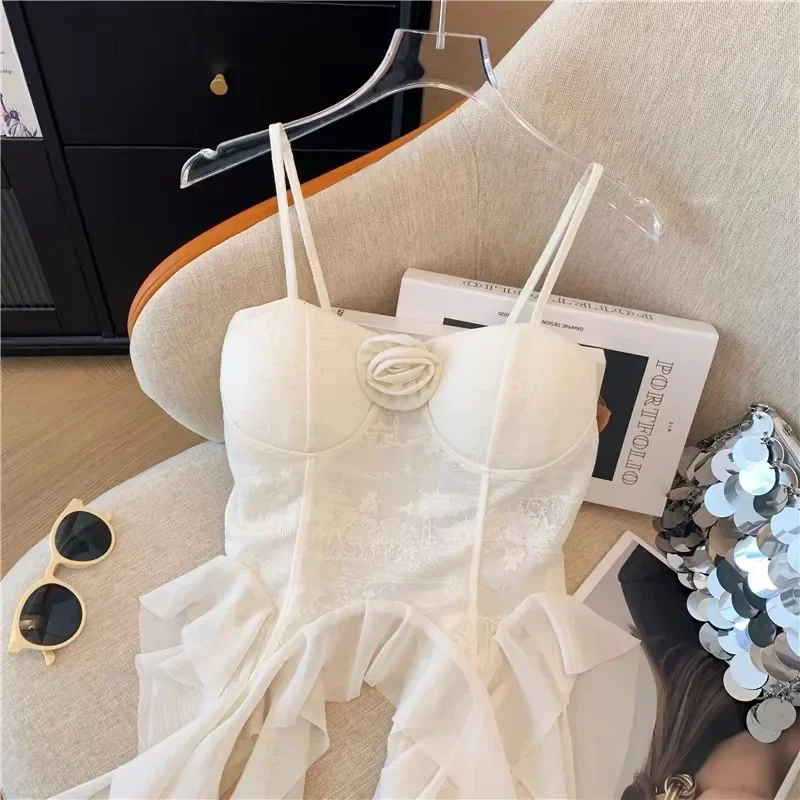 

Готические майки с нерегулярными рюшами для женщин Y2K, сексуальные тонкие 3D цветочные украшения, лента, сетчатый укороченный топ, уличная одежда, майка на тонких бретельках