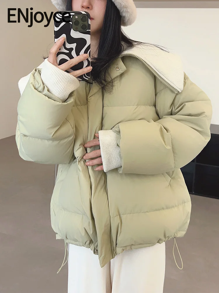 

ENjoyce 2023 Winter Women Vintage Knitted Collar Patchwork Warm Lapel 90 Duck Down Jacket Korean Fashion Luxury Brand Coats