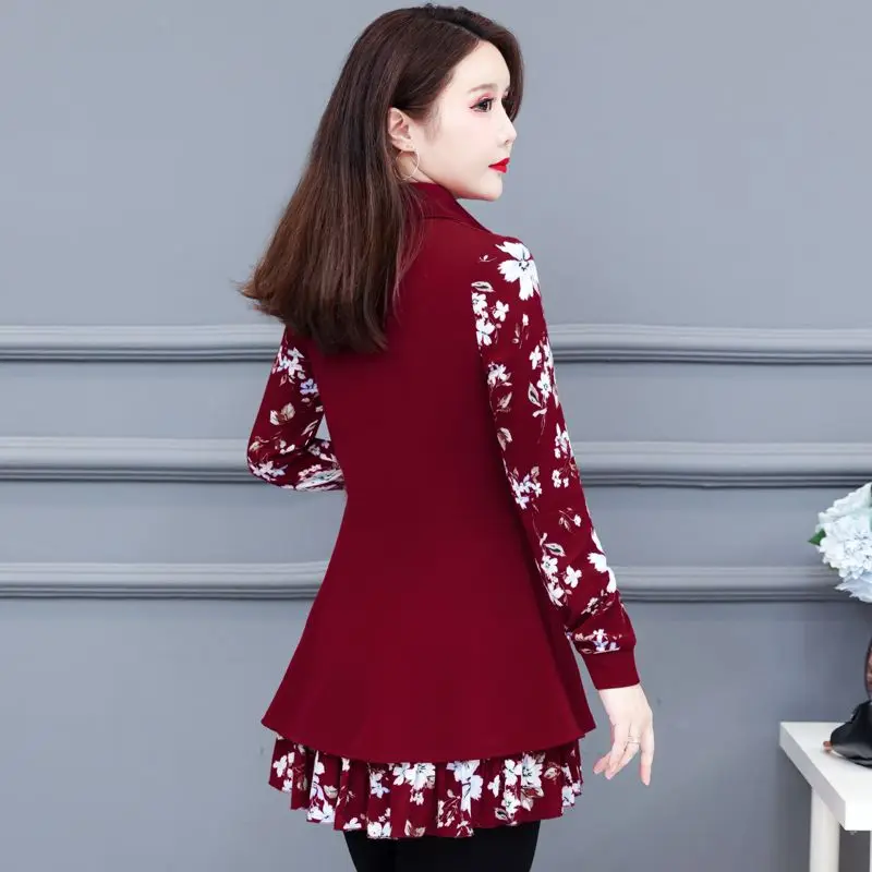 New Autumn Winter Thin Turn-down Collar Long Sleeve Pullovers Slim Red Tops Ladies Elegant T-Shirts Patchwork Women Clothing