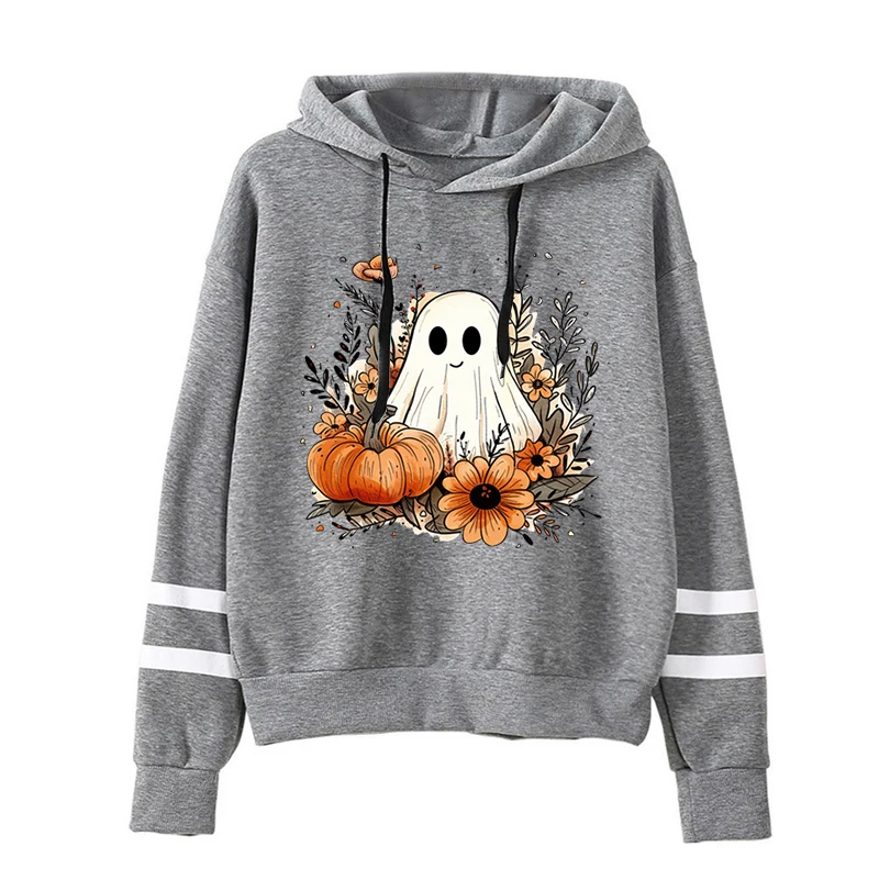 Vintage Women Halloween Y2K Sweatshirts Cute Ghost Pumpkin Flower Print Long Sleeve Pullover Fashion Halloween Streetwear Hoodie