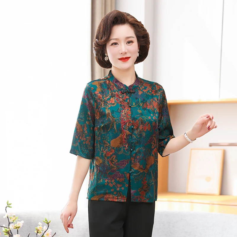 

Women's Vintage Printing Silk Blouse 2023 Summer Half Sleeve Soft Flowers Print Shirt Elegant Chinese Style Satin Silk Tops