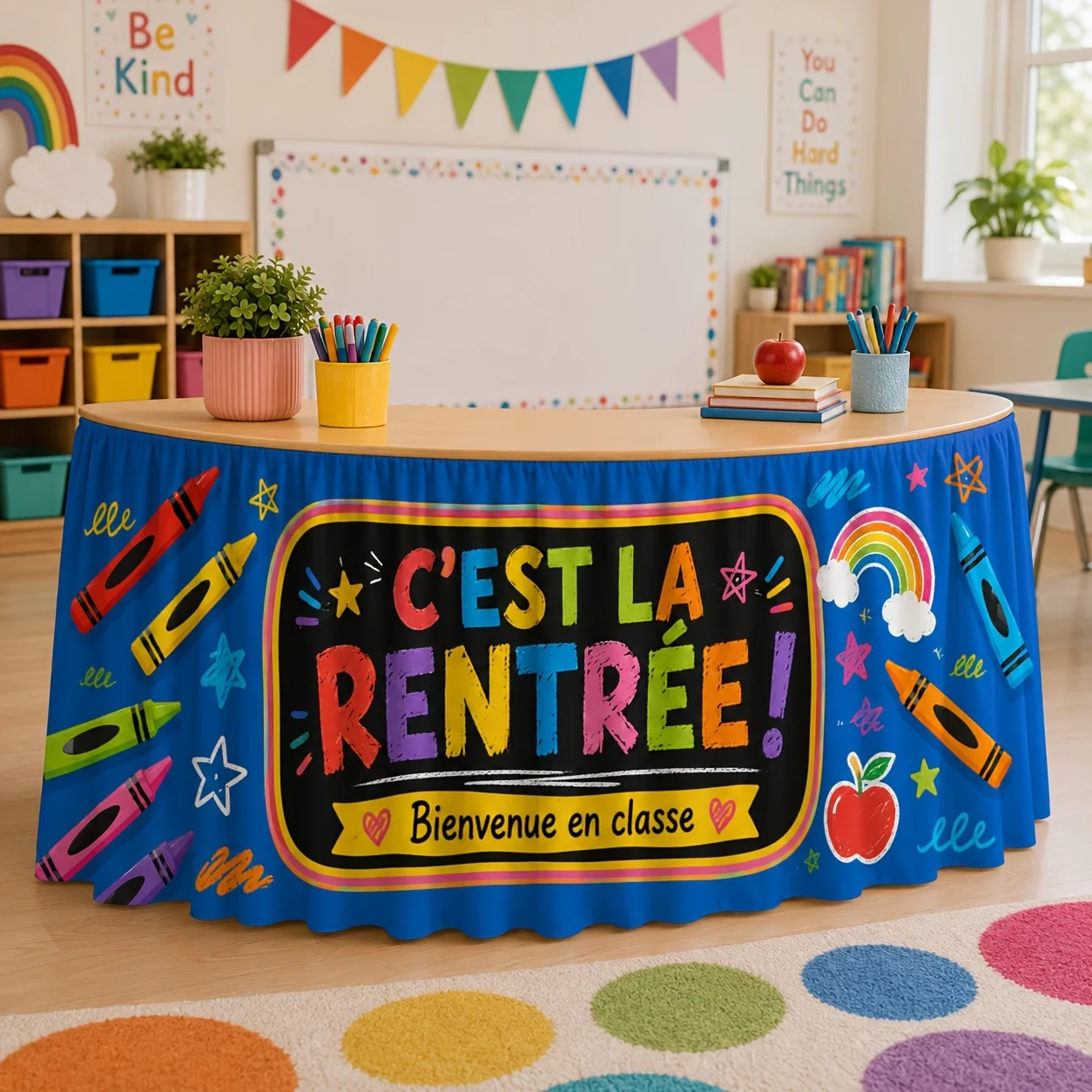 Party table skirt, 1-piece set, colorful campus theme table skirt, includes crayons, rainbow,zyc