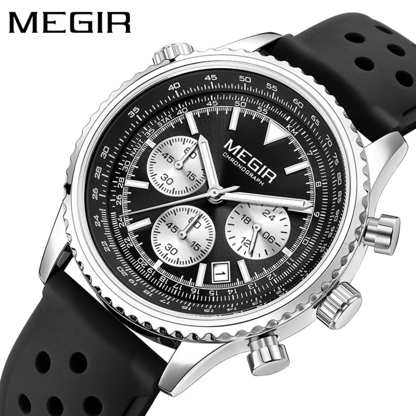 MEGIR Silver Black Quartz Watch Men Military Sport Chronograph Wristwatch with Silicone Strap Luminous Hands Auto Date 2236 view 4