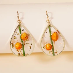 Dry Flower Bud Dangle Earrings for Women Transparent Elegant Resin Water Drop Ear Piercing  Jewelry Cute Gift for Her