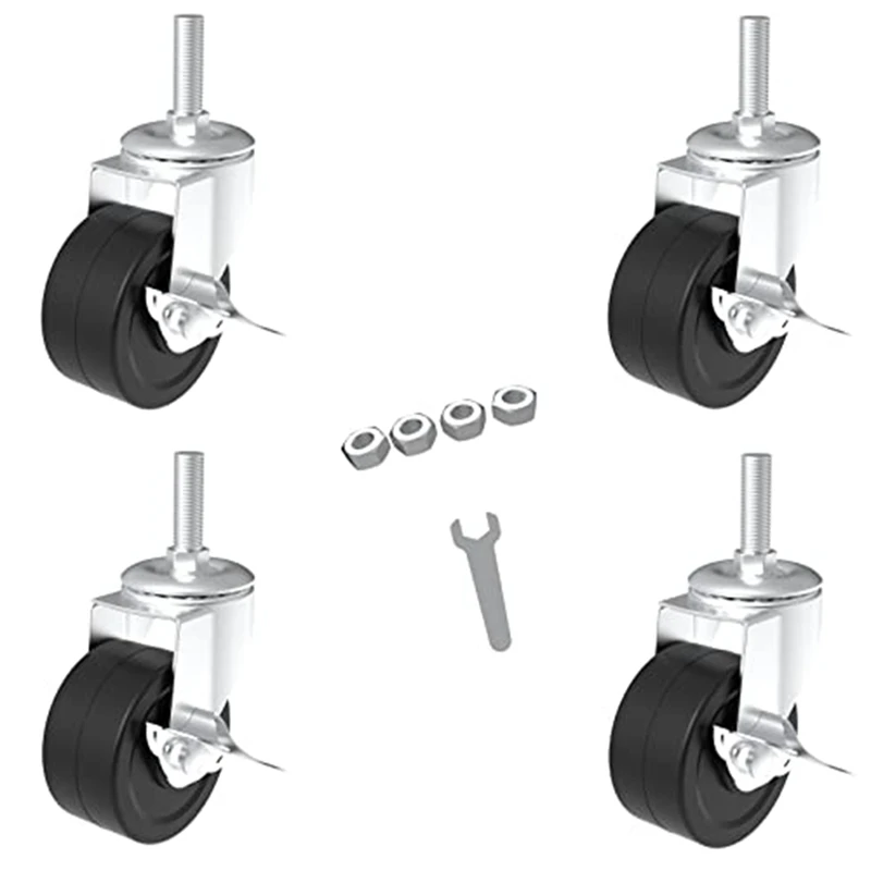 2Inch Caster Wheels Threaded Stem Rubber Casters (Screw Diameter 1/4Inch,Length 1Inch) For Wire Shelves Rack Legs