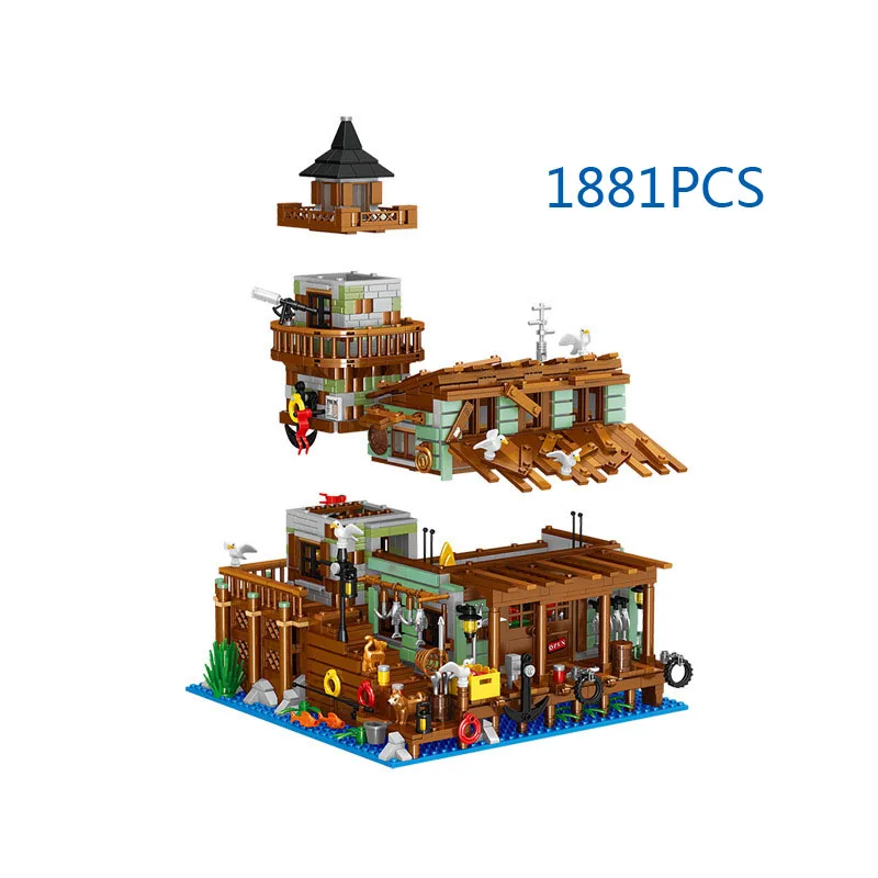 

Creative City Street View Mini Block Fishing Village Cabin House MOC Building Bricks Fisher Figures Fisherman Streetscape Toys