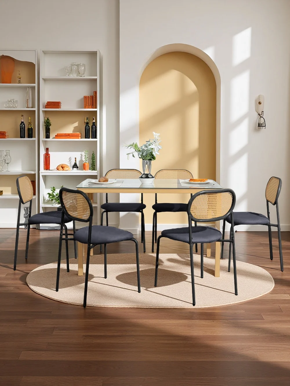 Chaise en rotin métallique Comanlai 2 pièces, chaise rembourrée avec cadre en acier, coussin en velours, style moderne rustique pour salon, salle à manger