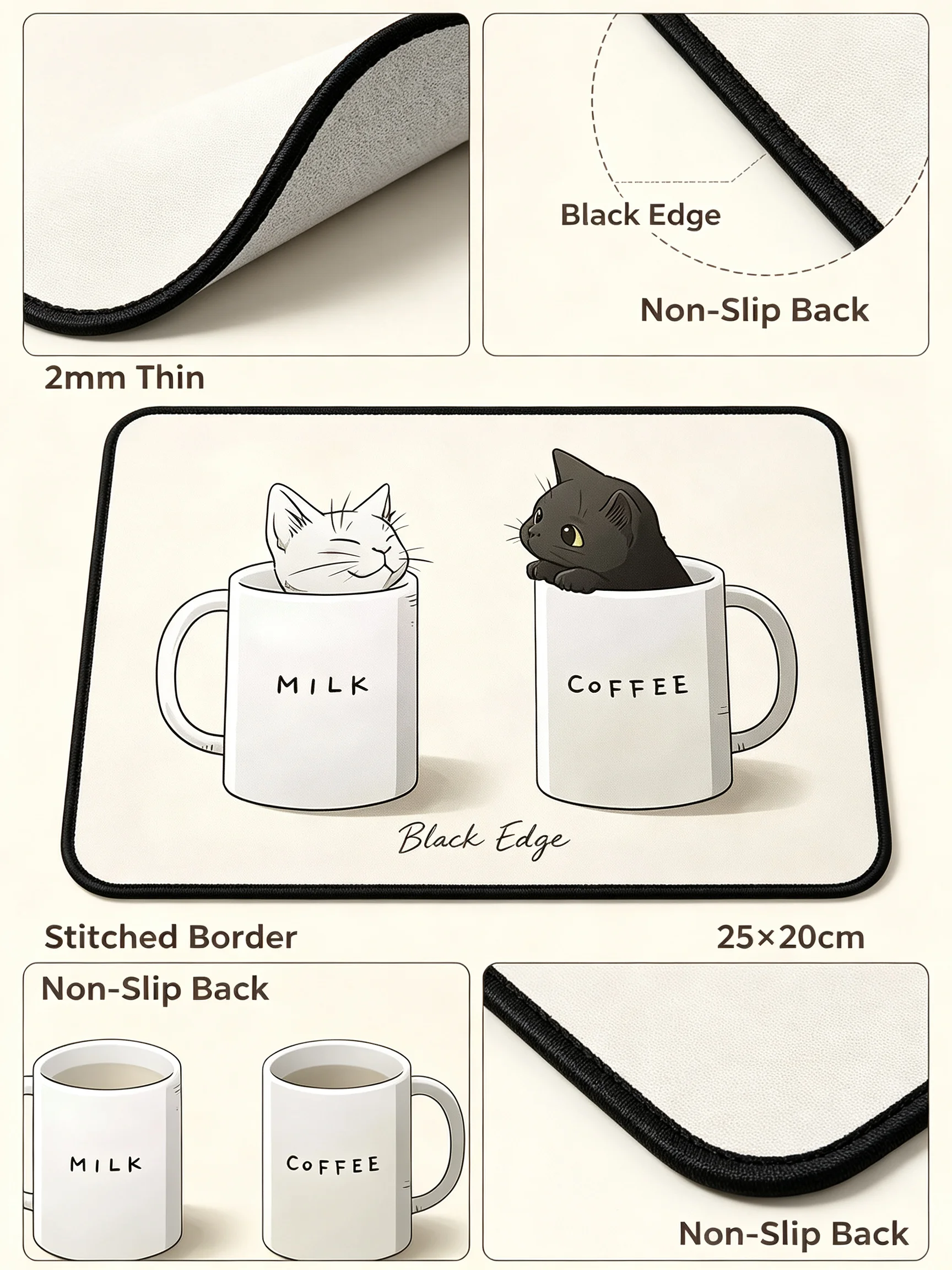 Kawaii Cats Inside Milk & Coffee Rectangle MousePad Non‑Slip Rubber Base Small Desktop Mouse Mat For Home Office Cat Lovers Gift