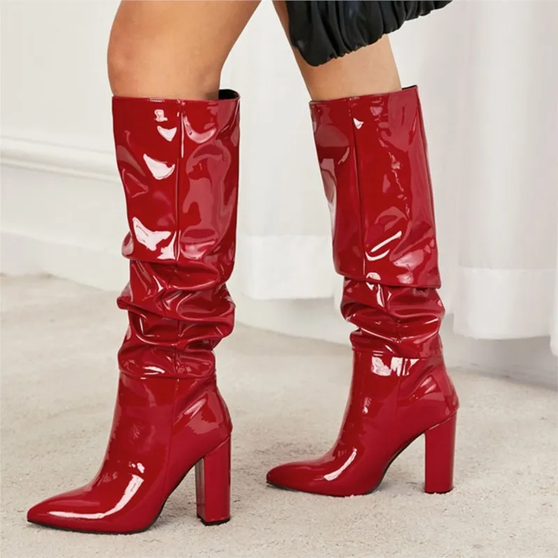 

2025 Vouw Big Size 42 Block Hoge Hakken Knees Hoge Laarzen для женщин и женщин Wit Bruin Rood Puntneus Moderne Laars Dames Schoenen