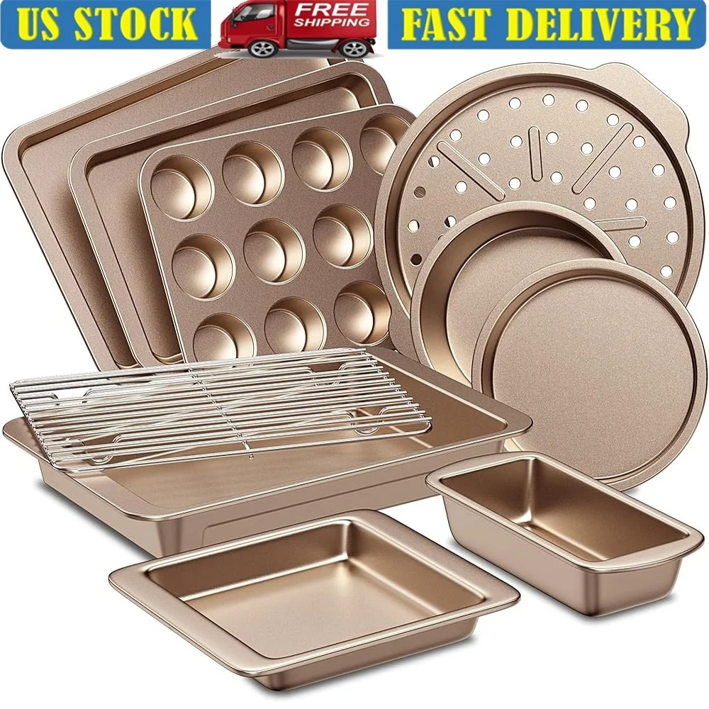 

10-Piece Nonstick Bakeware Set Kitchen Bake Pans Carbon Steel Oven Bakeware Set with Wider Grips Cookie Sheet Muffin Loaf Cake