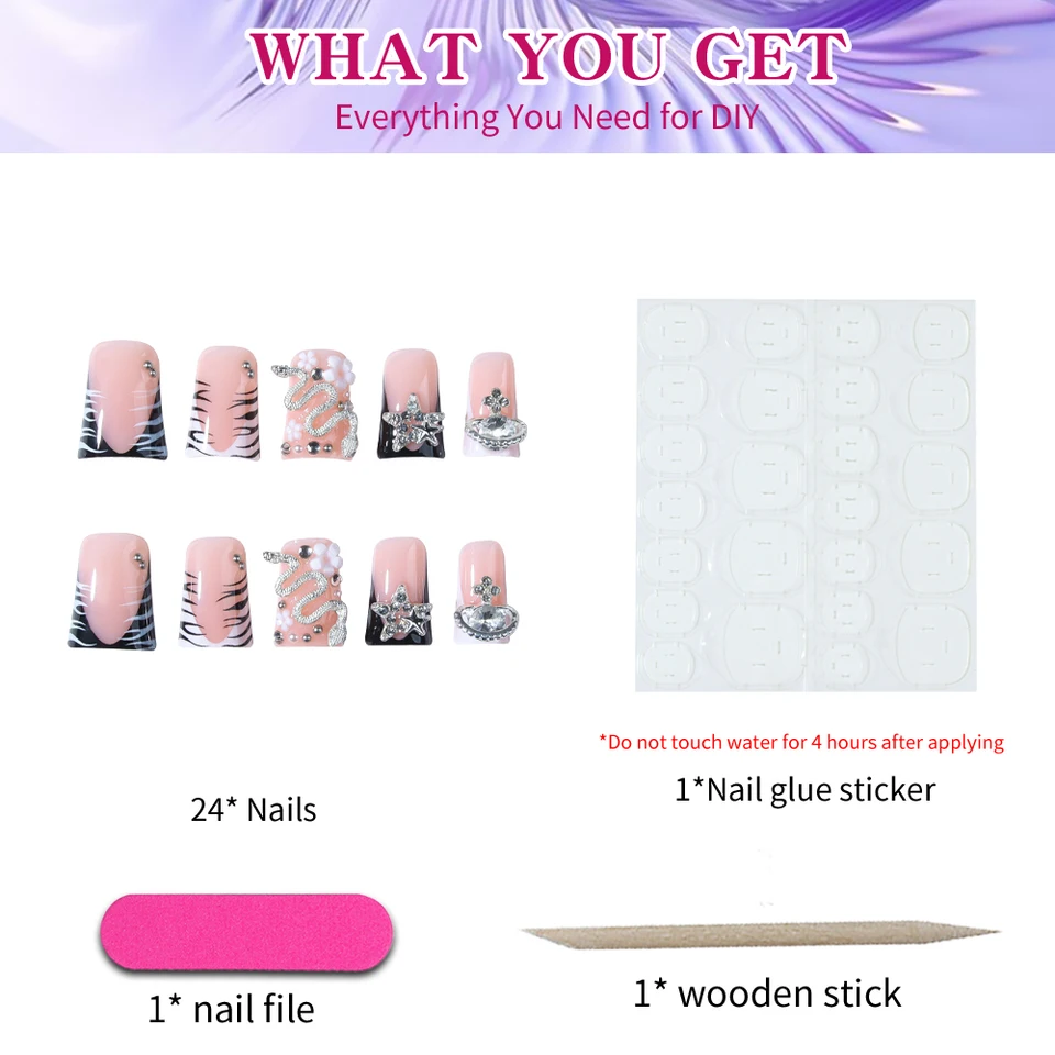 24 Piezas Uñas Postizas Largas Pato con Francesa Negra, Decoradas con Cruz de Aleación 3D y Serpiente con Pedrería, Ajuste Perfecto 5