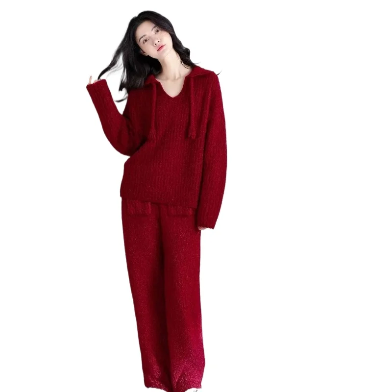 Half Fleece Red Pajamas for Women 2026 Autumn and Winter Coral Fleece Fleece Wedding Natal Year Loungewear Can Be Worn Outside.