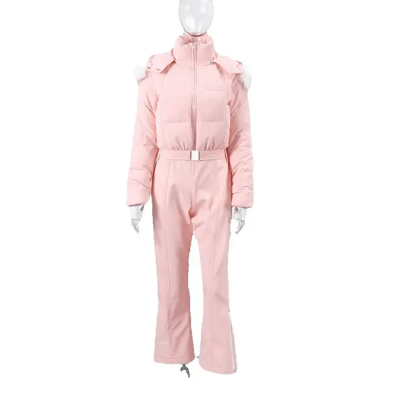 

2026 Winter Women's Chic Thicken Fur Patchwork Ski Jumpsuit Lady Padded Hooded Zipper High Waist Skateboard Warm Bodysuit Romper
