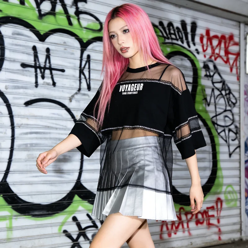 2026 Summer Street Fashion Oversize See Through T Shirt Top Y2K Girls Punk Harajuku Mesh Perspective T-shirt Hip Hop Clothes
