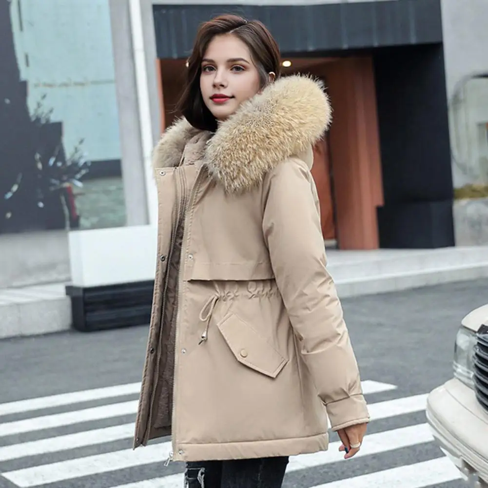 Winter Women Furry Hood Parka Jacket Thickened Drawstring Waist Oversized Velvet Windbreaker Mid Length Warm Long Coat Outerwear
