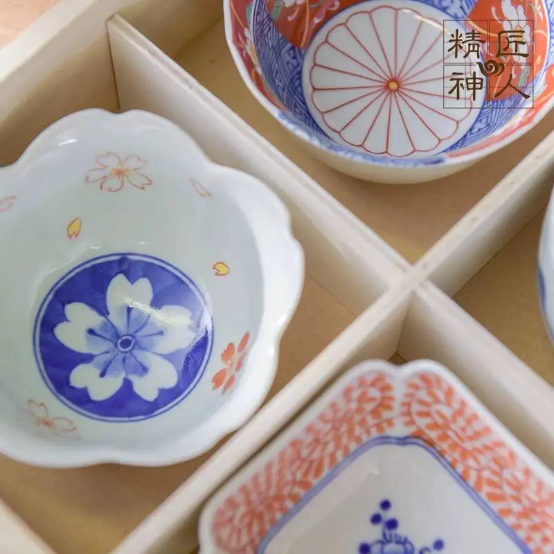 In Stock Japanese Imported Dyed Brocade Ceramic Small Bowl And Plate Set, Wooden Box Packaging, Arita Ware Pottery